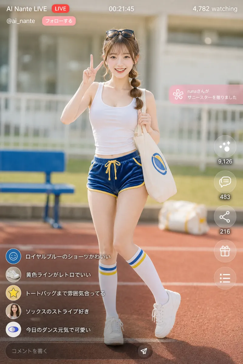 実写AI美女版｜ロイヤルブルーのベロアドルフィンパンツに白タンクトップを合わせたチア風コーデ