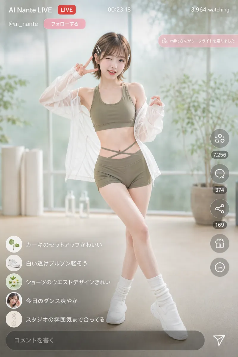 実写AI美女版｜カーキのストレッチドルフィンパンツにスポーツブラトップを合わせたアスレジャーコーデ