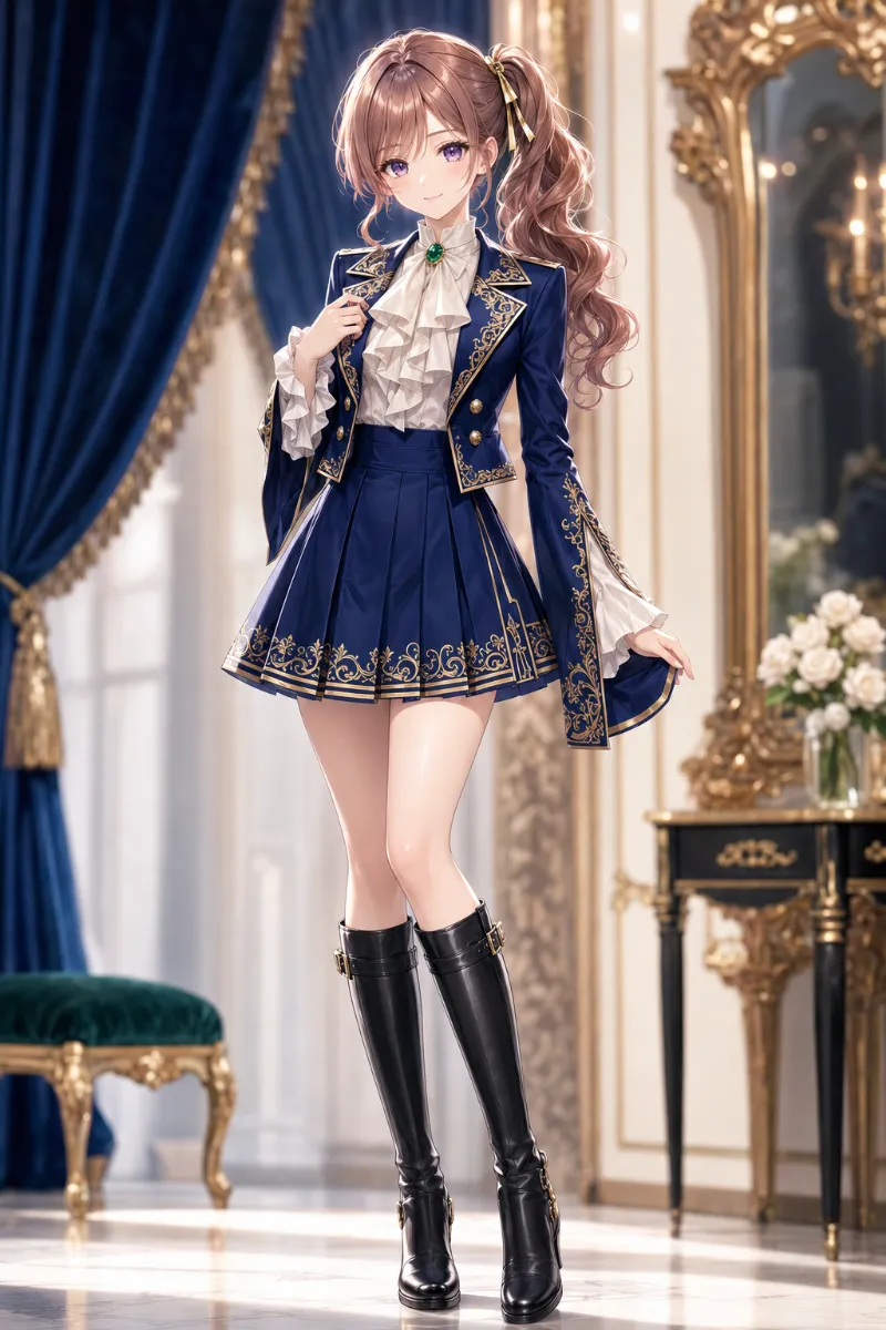 AIイラスト版｜金糸アラベスク刺繍のロイヤルブルーミニスカートに王子風ジャケットを合わせたアイドル風コーデ