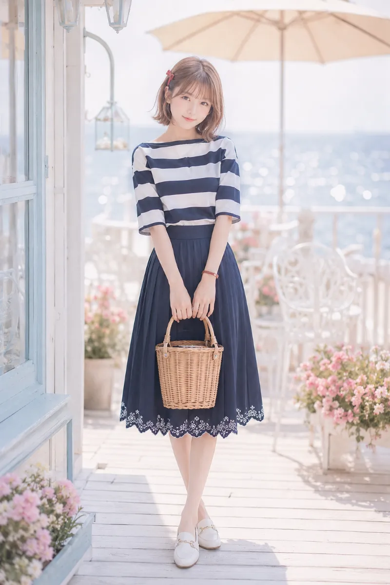 実写AI美女版｜白いスカラップ刺繍入りのネイビータックスカートにボーダートップスとかごバッグを合わせたフレンチカジュアルコーデ