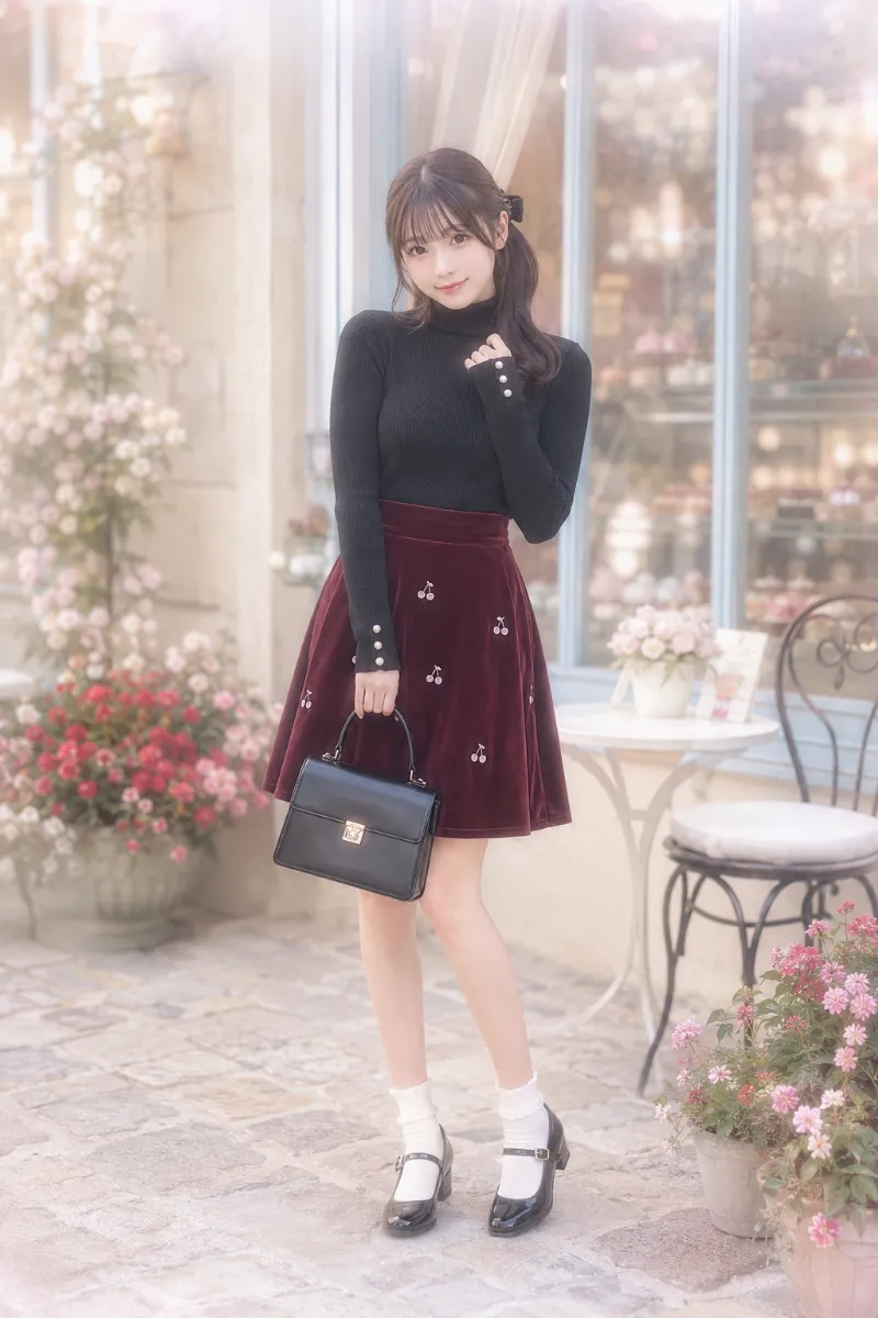 実写AI美女版｜チェリー刺繍のボルドーフレアスカートに黒タートルネックとメリージェーンを合わせたレトロガーリーコーデ