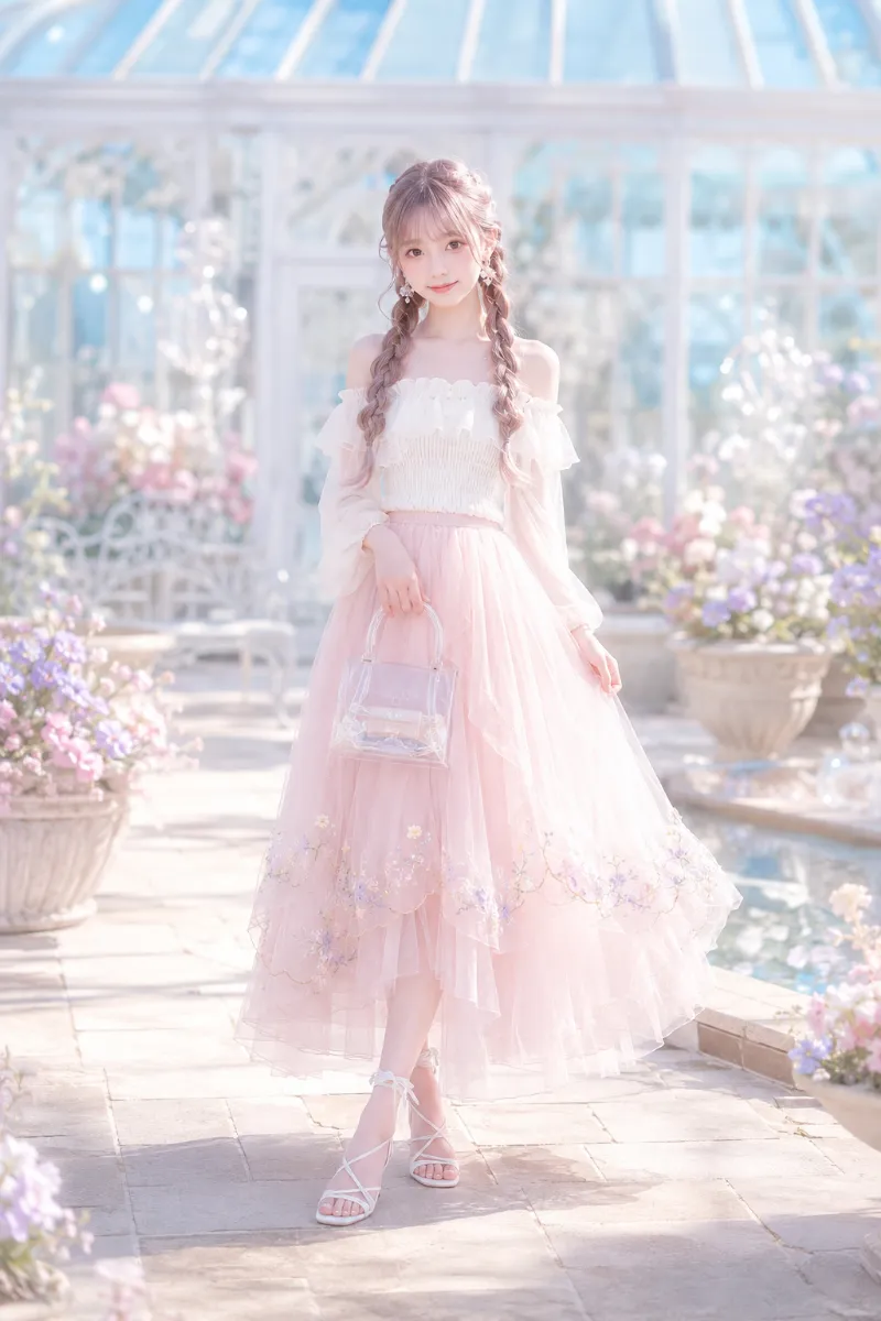実写AI美女版｜パステルピンクの刺繍チュールスカートに白のオフショルトップスとリボンサンダルを合わせたフェアリー風コーデ