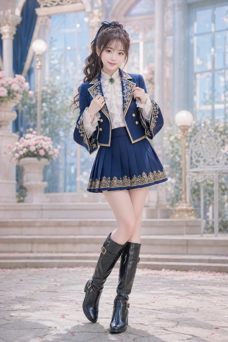 実写AI美女版｜金糸アラベスク刺繍のロイヤルブルーミニスカートに王子風ジャケットを合わせたアイドル風コーデ