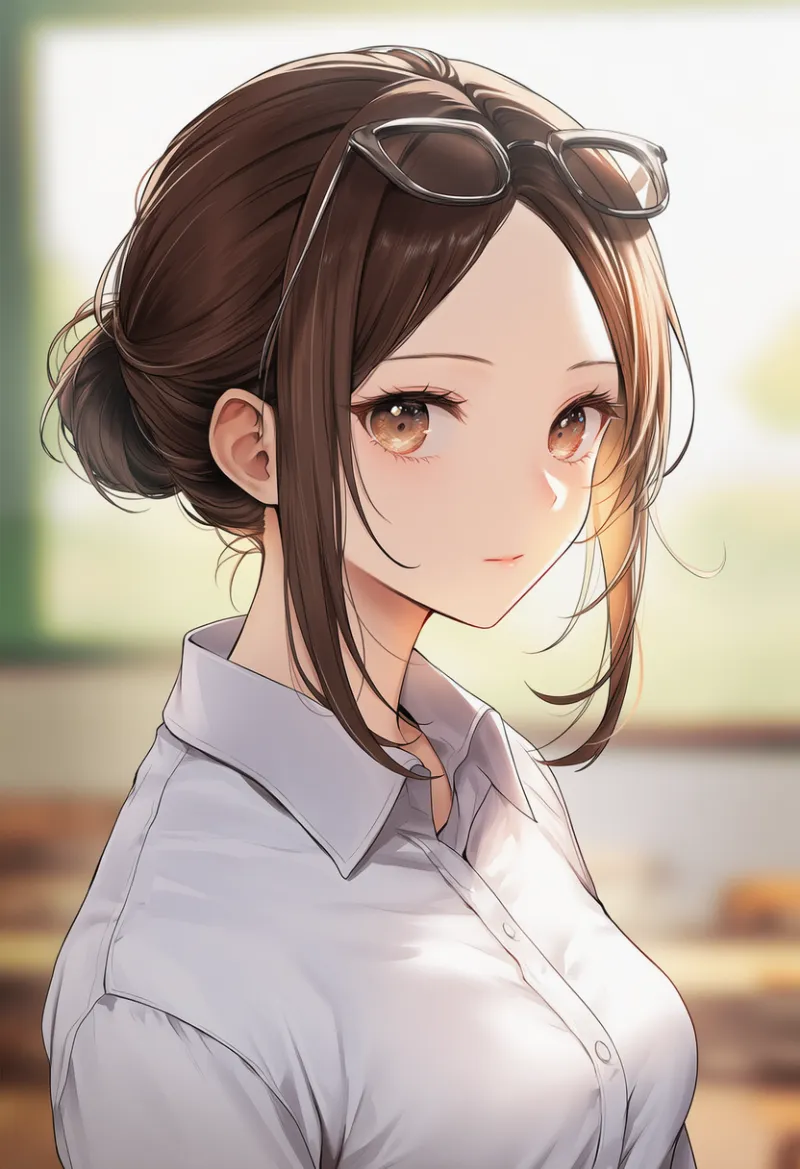 メガネを頭に乗せている女教師のAIイラスト｜プロンプト紹介
