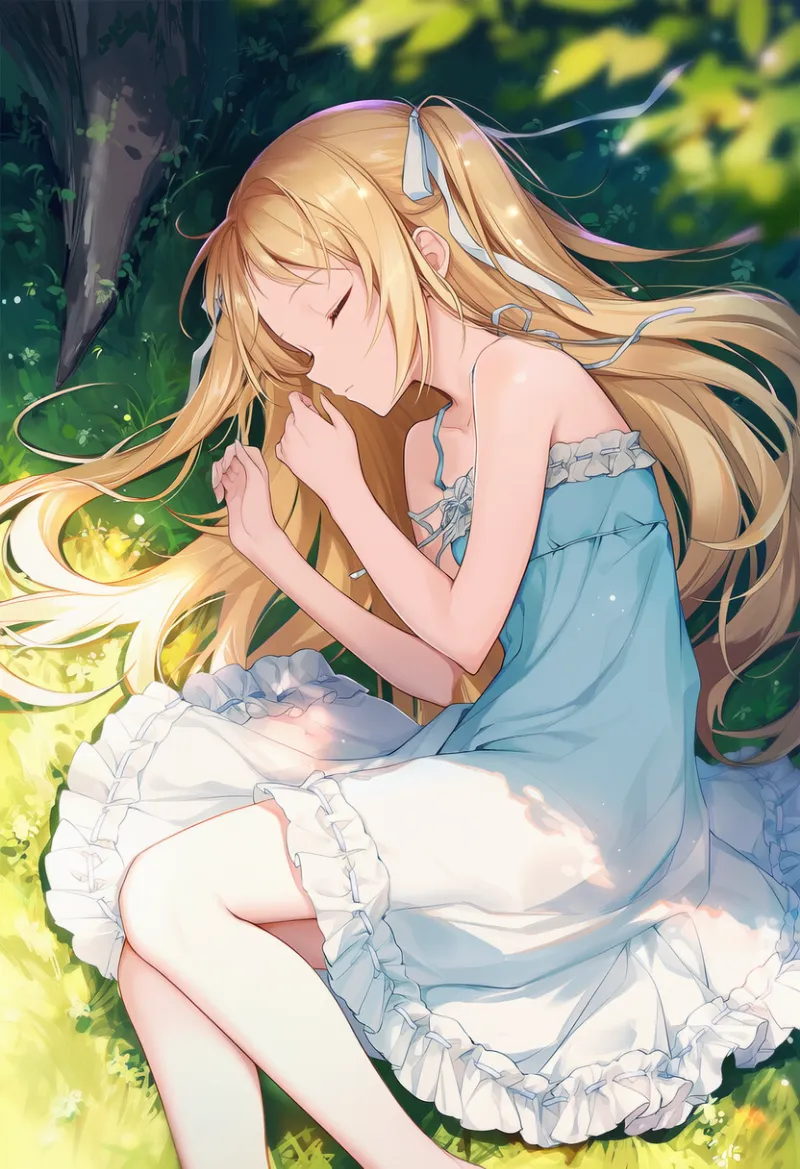 胎児の姿勢を再現したAIイラスト（木陰で休む女性キャラ）｜プロンプト紹介用