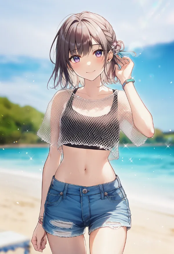 フィッシュネットのシャツを組み合わせた夏の服装のAIイラスト｜プロンプト紹介用