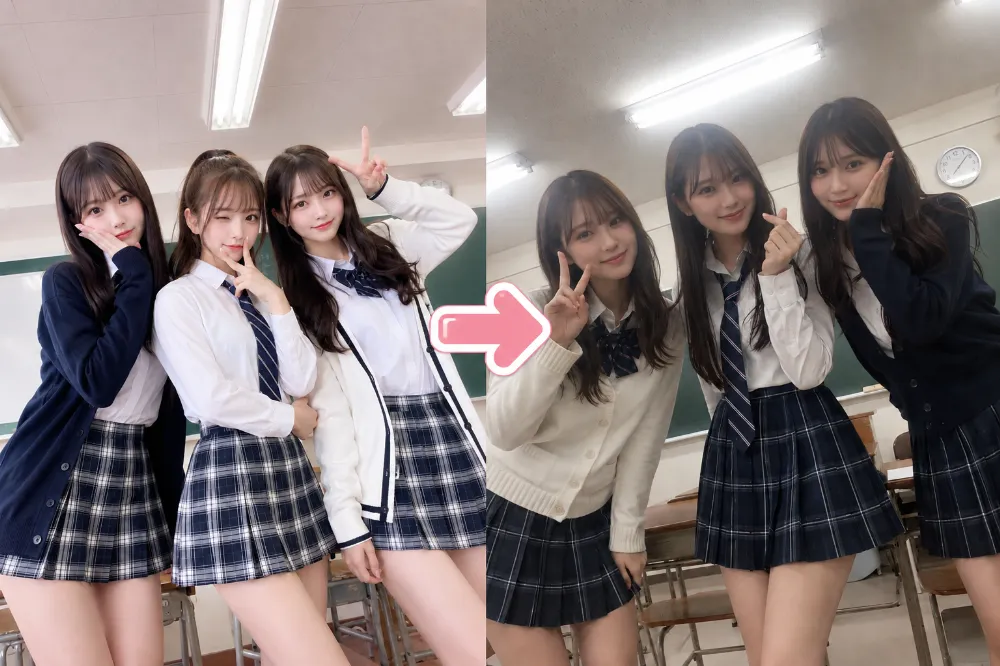 教室でJKがスマホ自撮りしたような素人写真｜AIっぽい写真と自然な写真風に再現した生成結果の比較作例