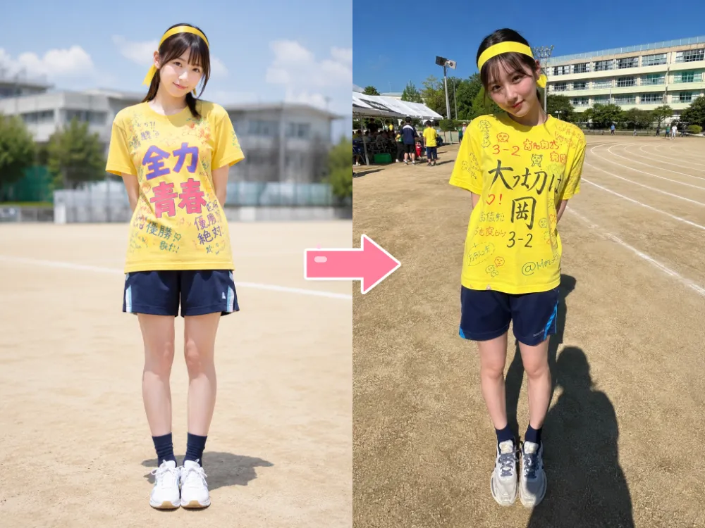 体育祭で友人に撮ってもらったスナップ写真｜AIっぽい写真と自然な写真風に再現した生成結果の比較作例