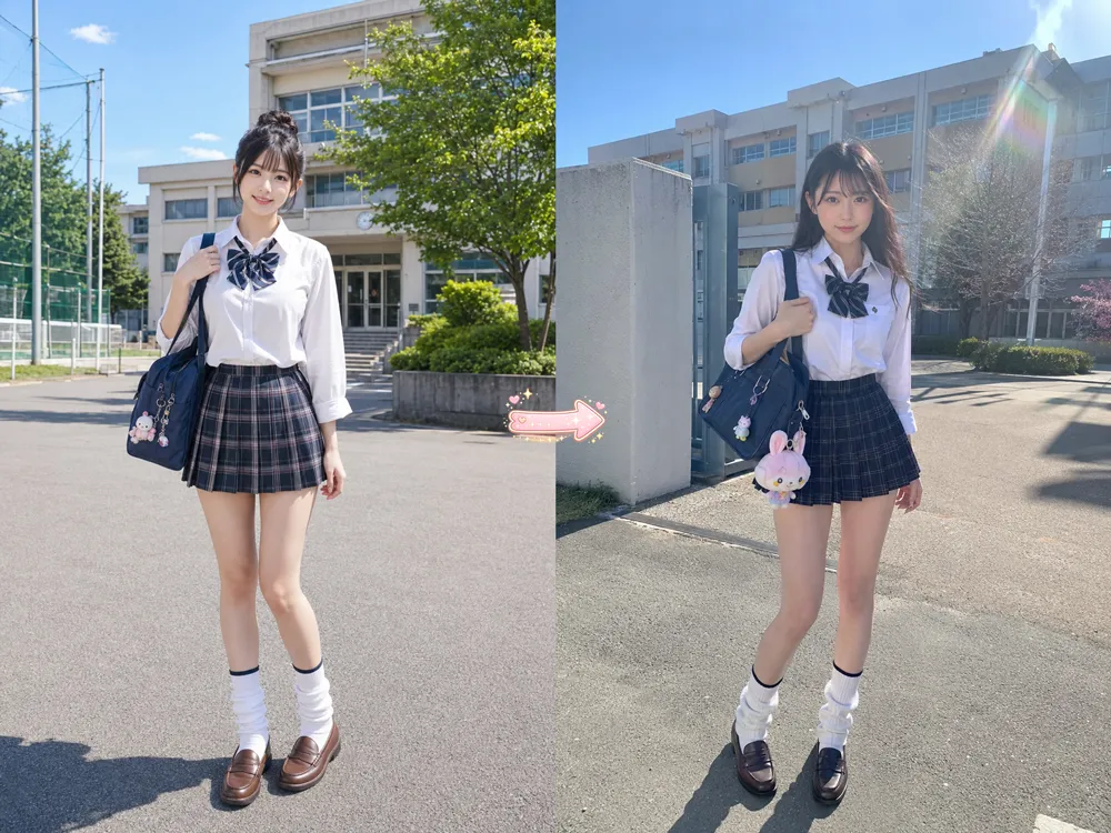 学校の校門前で撮るスマホ全身写真｜AIっぽい写真と自然な写真風に再現した生成結果の比較作例