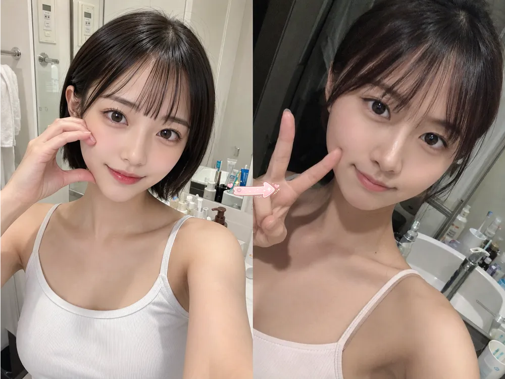 自宅の洗面所で撮るスマホ自撮り写真｜AIっぽい写真と自然な写真風に再現した生成結果の比較作例