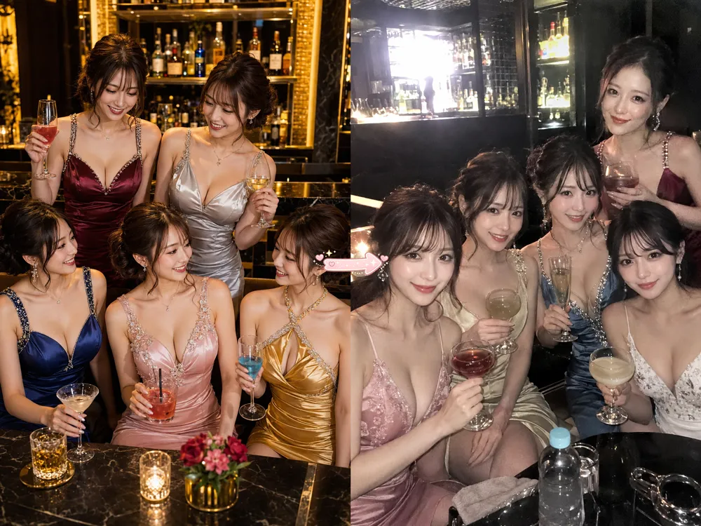 夜のバーでスマホのナイトモード写真を再現する｜AIっぽい写真と自然な写真風に再現した生成結果の比較作例