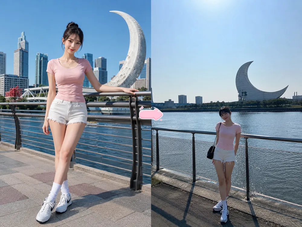 観光地で撮る素人っぽい記念写真｜AIっぽい写真と自然な写真風に再現した生成結果の比較作例