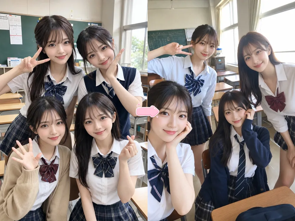 教室で友人に撮ってもらうJKのグループ写真｜AIっぽい写真と自然な写真風に再現した生成結果の比較作例