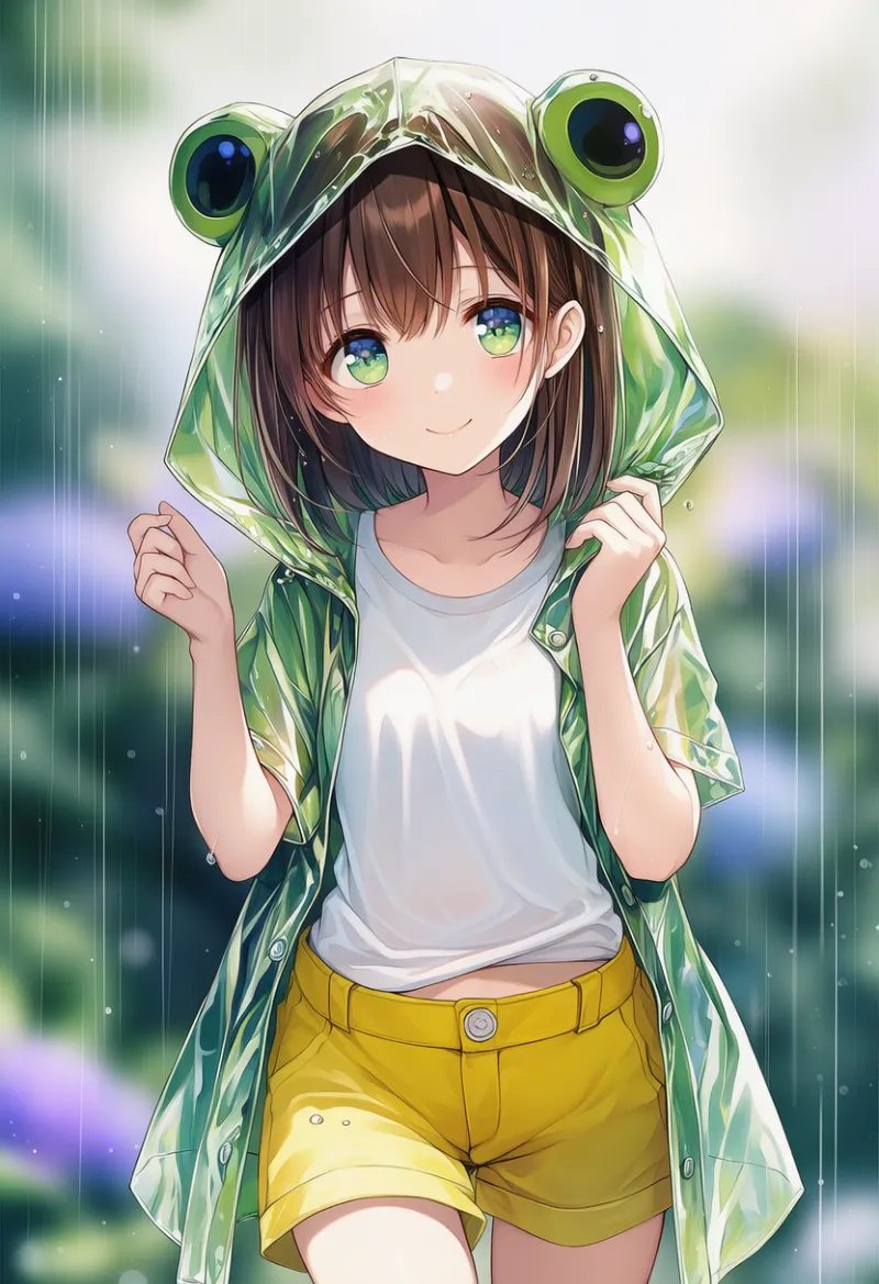 カエルのレインコートのAIイラスト（梅雨シーズン）｜プロンプト紹介用