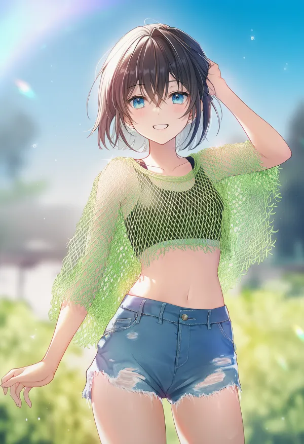 メッシュのシャツを組み合わせた夏の服装のAIイラスト｜プロンプト紹介用