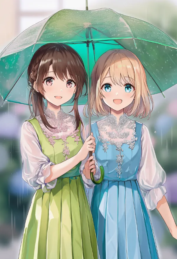 緑の傘のAIイラスト（梅雨シーズン）｜プロンプト紹介用