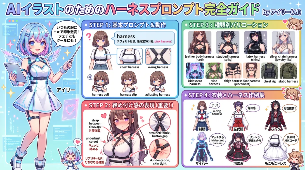ハーネス（体を締め付ける）のプロンプト集【AIイラスト】のまとめ用の図解イラスト