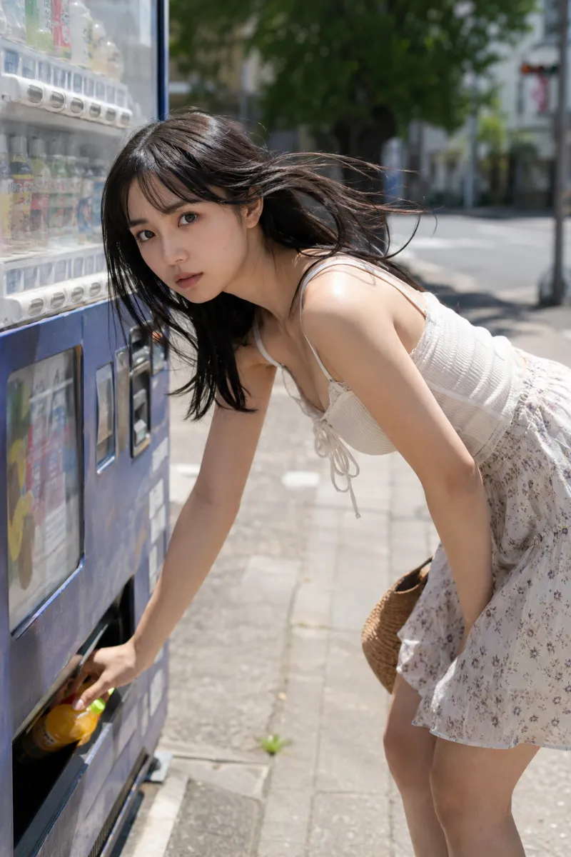 真夏の日中に自動販売機からジュースを取り出そうとしている女性のポートレート（風で髪の毛が爽やかに揺れている）｜GPT Image 2.0