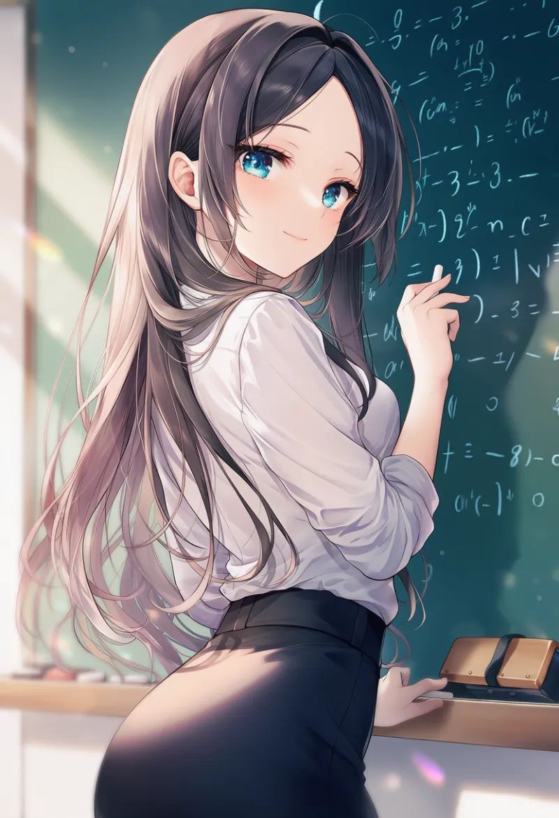 チョークで黒板に数式を書いている女教師のAIイラスト｜プロンプト紹介