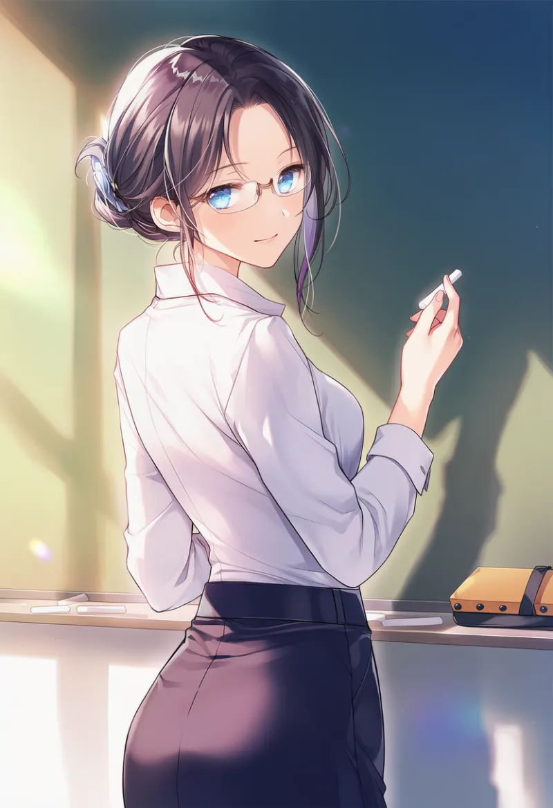 チョークを持っている女教師のAIイラスト｜プロンプト紹介用