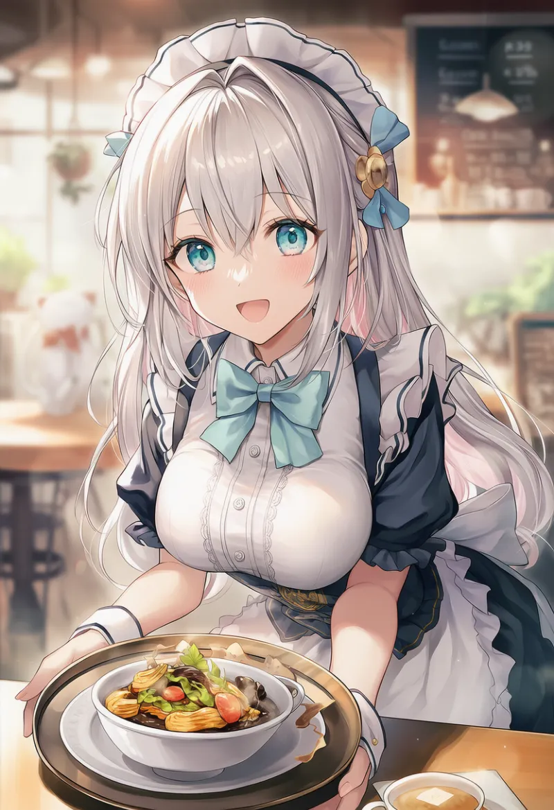 料理をテーブルに出す動作のAIイラスト（給仕）｜プロンプト紹介用