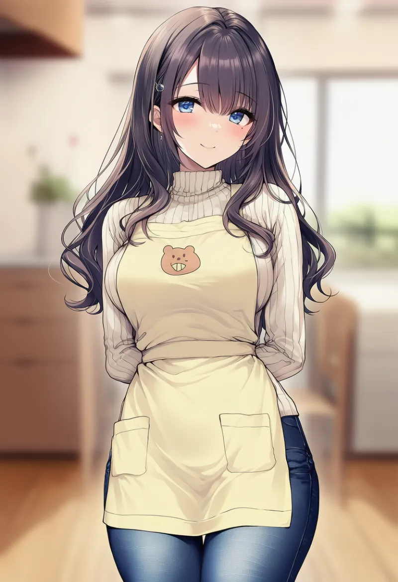 セーター・私服にエプロンを合わせる主婦コーデのAIイラスト｜プロンプト紹介
