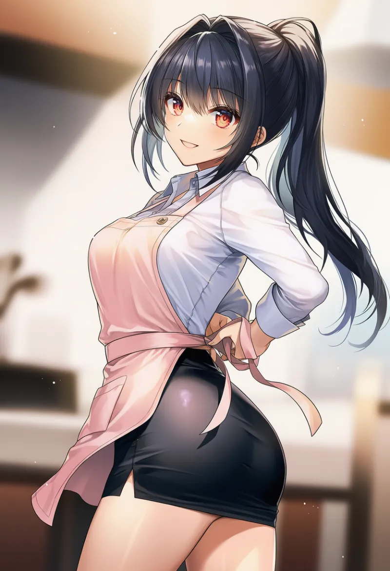 OL風タイトスカートにエプロンを合わせる主婦コーデのAIイラスト｜プロンプト紹介