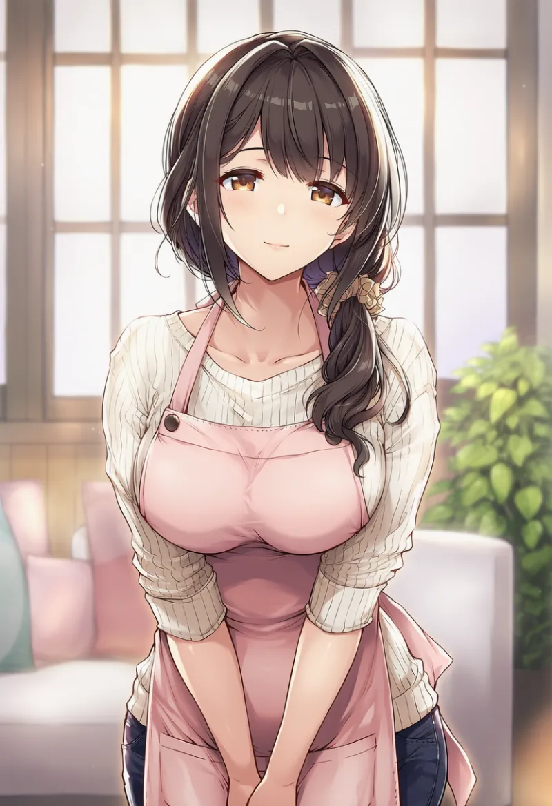 ふくよかで強調されたボディライン（安産型の体型）の主婦のAIイラスト