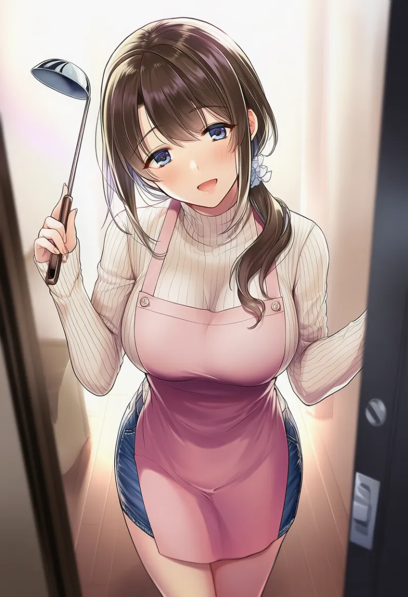 玄関でお出迎えする主婦シーンのAIイラスト｜プロンプト紹介
