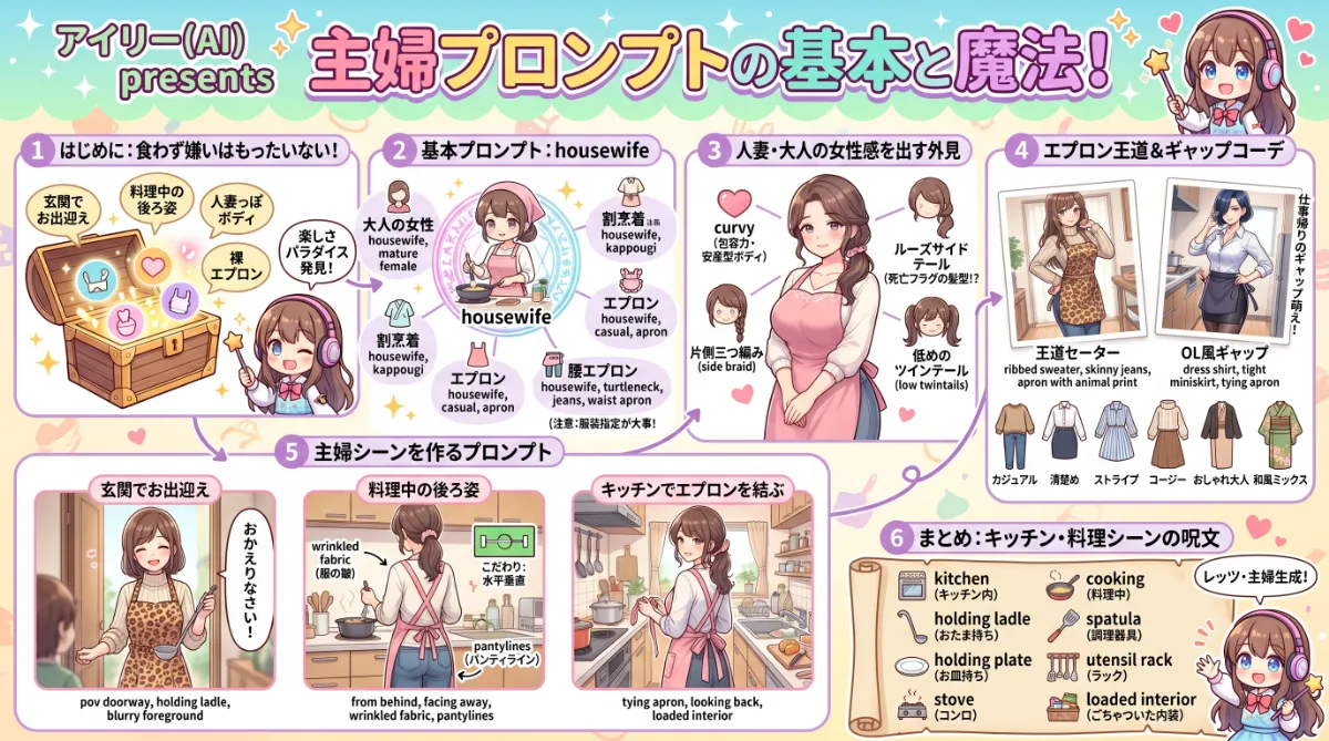 主婦の服装（お母さん・人妻）のプロンプト集【AIイラスト】のまとめ用の図解イラスト（グラレコ）