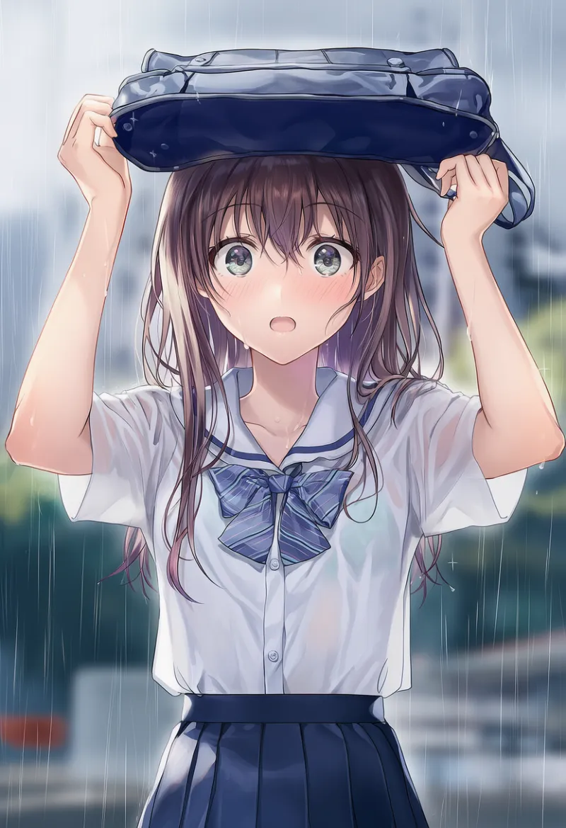 カバンを使って雨をしのぐシーンのAIイラスト（梅雨シーズン）｜プロンプト紹介