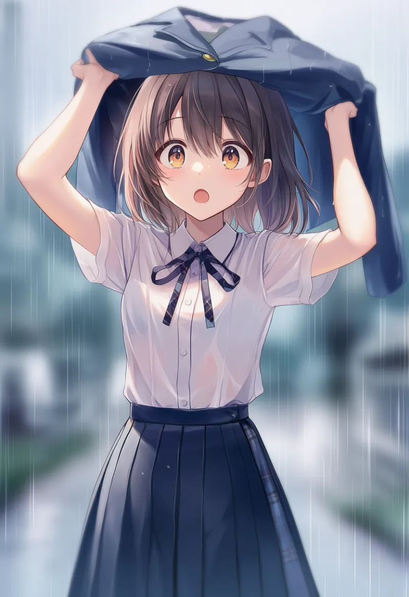 ジャケットを使って雨をしのぐシーンのAIイラスト（梅雨シーズン）｜プロンプト紹介