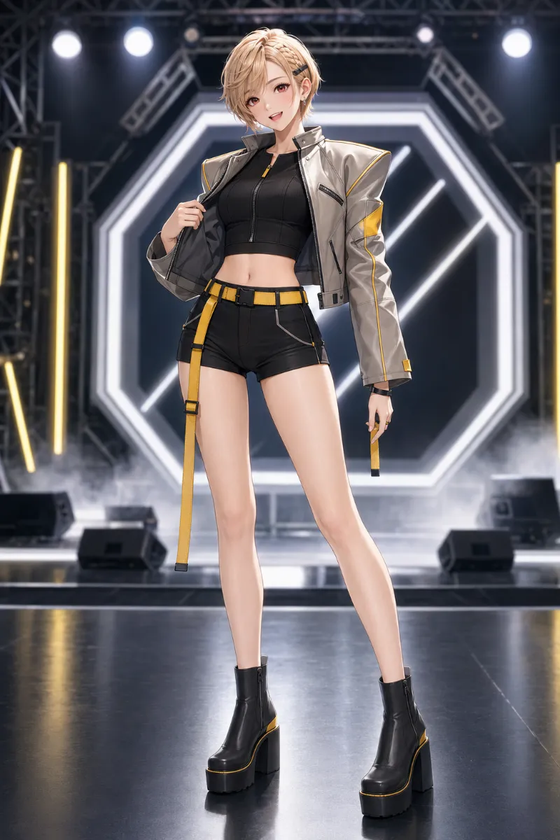 GPT Image 2.0生成|オーバーサイズジャケット×ショートパンツのK-POPコーデのAIイラスト(K-POPファッション)|プロンプト紹介用