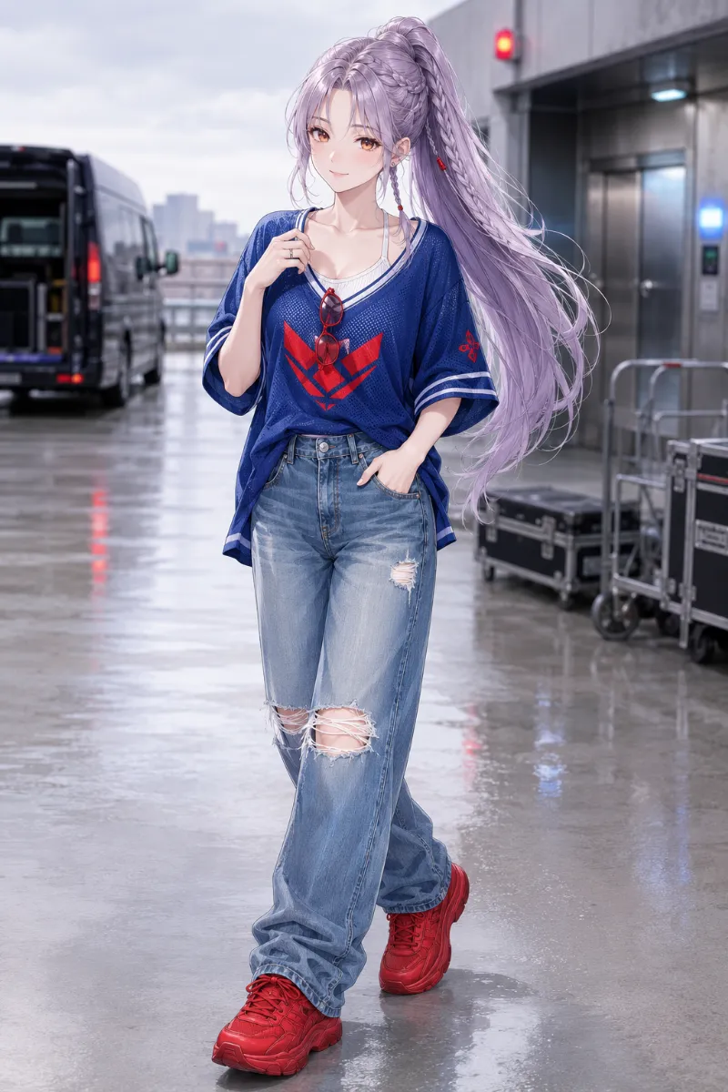 GPT Image 2.0生成|スポーツユニフォーム×ワイドデニムのブロックコアコーデのAIイラスト(K-POPファッション)|プロンプト紹介用