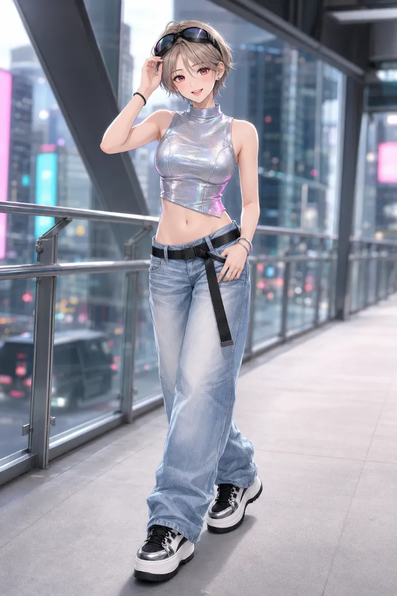 GPT Image 2.0生成|メタリックトップス×ローライズデニムのサイバーコーデのAIイラスト(K-POPファッション)|プロンプト紹介用