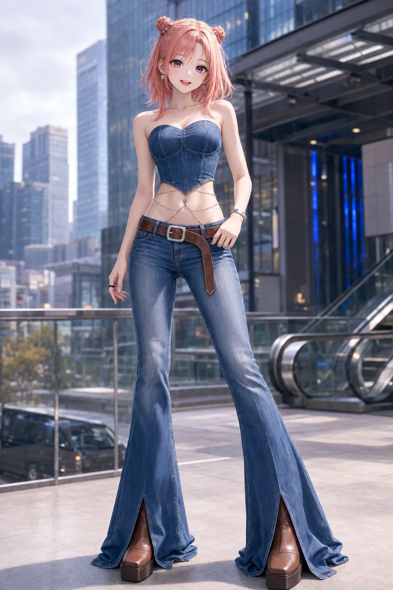GPT Image 2.0生成|デニムビスチェ×ベルボトムのデニムコーデのAIイラスト(K-POPファッション)|プロンプト紹介用