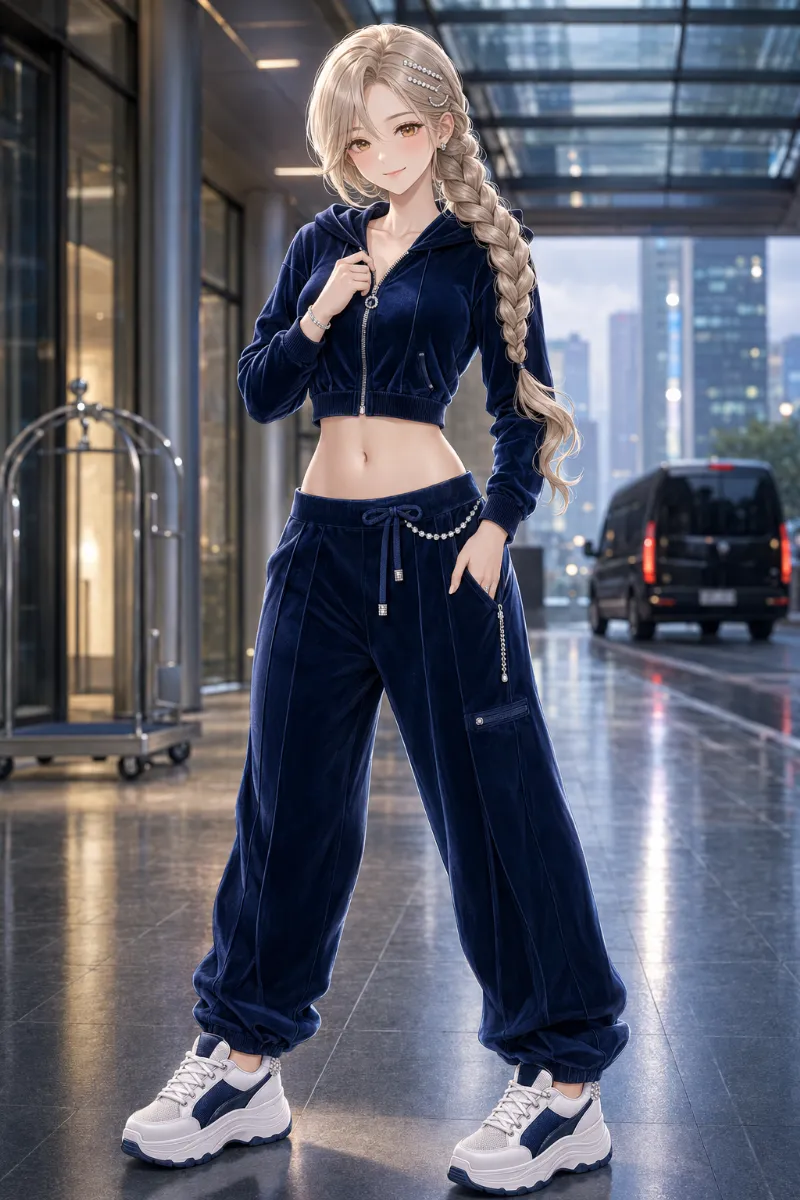 GPT Image 2.0生成|クロップドパーカー×ローライズパンツのベロアセットアップのAIイラスト(K-POPファッション)|プロンプト紹介用