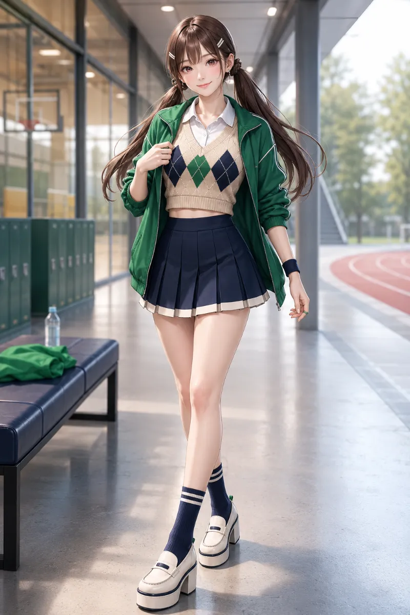 GPT Image 2.0生成|スポーツアイテムを取り入れた制服風コーデのAIイラスト(K-POPファッション)|プロンプト紹介用
