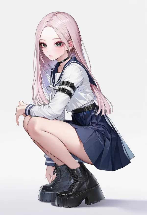 K-POPファッション(制服にコンバットブーツを合わせた例)の作例(AIイラスト)
