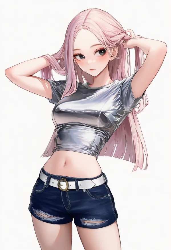 K-POPファッション(メタリックTシャツとデニムのショートパンツ)の作例(AIイラスト)