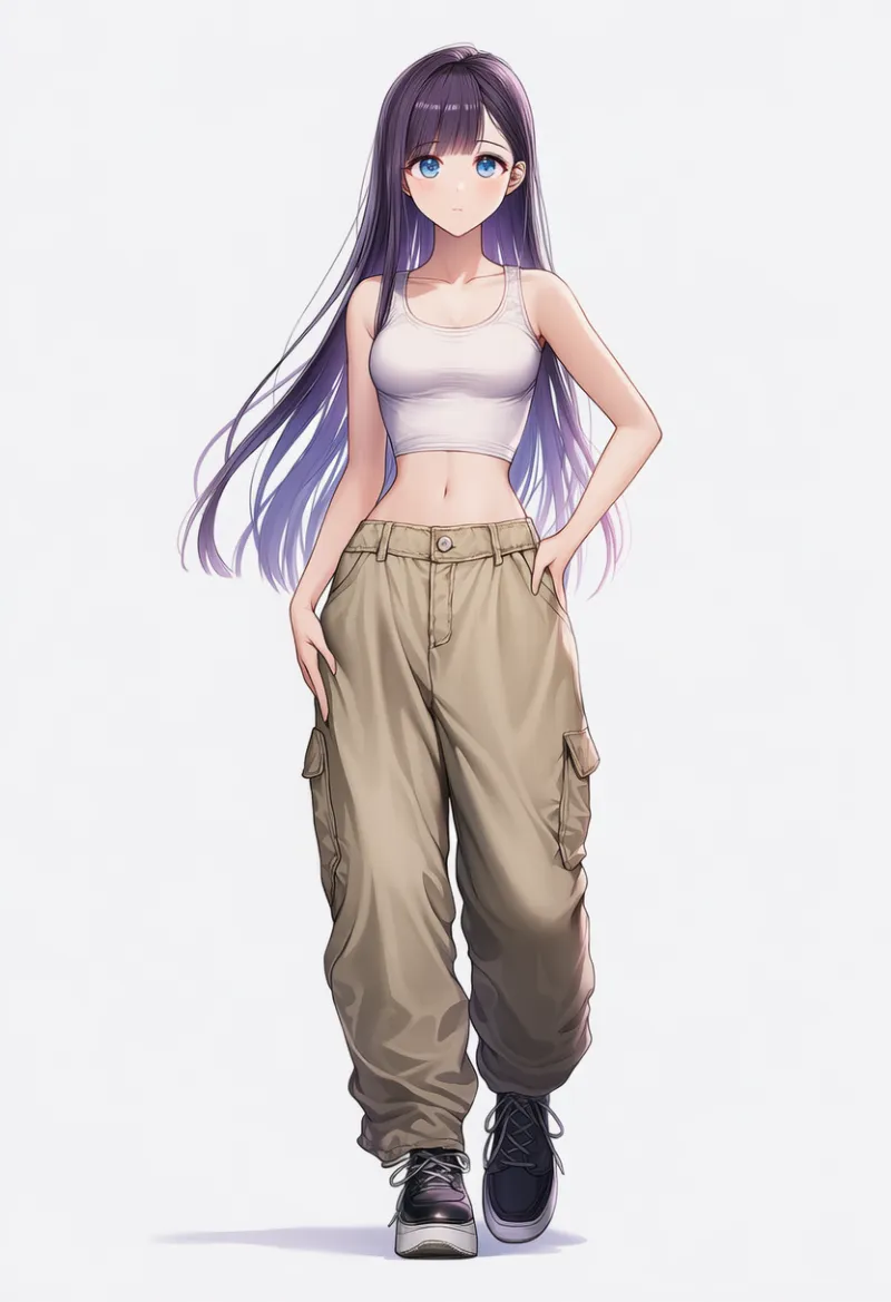 NovelAI生成|クロップドトップス×カーゴパンツのガールクラッシュコーデのAIイラスト(K-POPファッション)|プロンプト紹介用