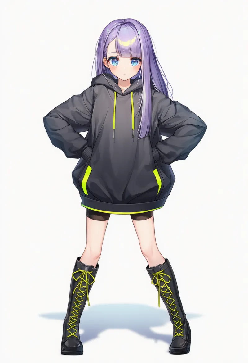 NovelAI生成|オーバーサイズパーカー×バイクショーツのストリートコーデのAIイラスト(K-POPファッション)|プロンプト紹介用