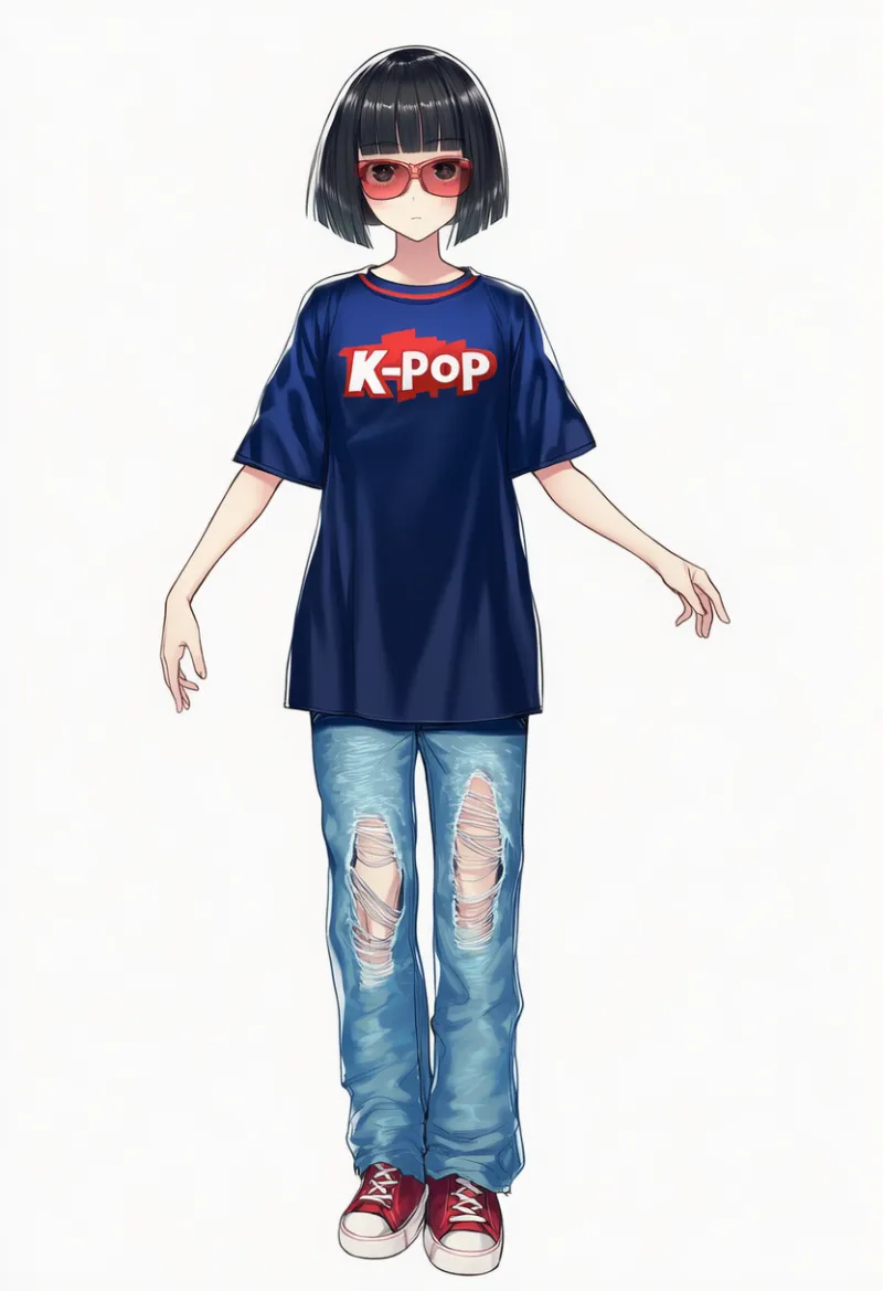 NovelAI生成|スポーツユニフォーム×ワイドデニムのブロックコアコーデのAIイラスト(K-POPファッション)|プロンプト紹介用