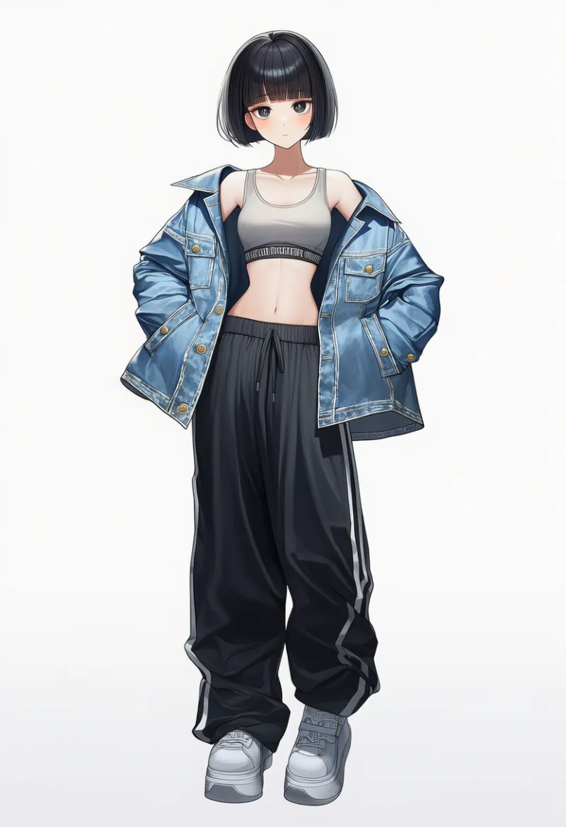 NovelAI生成|スポーツブラ×スウェットパンツのヨガストリートコーデのAIイラスト(K-POPファッション)|プロンプト紹介用