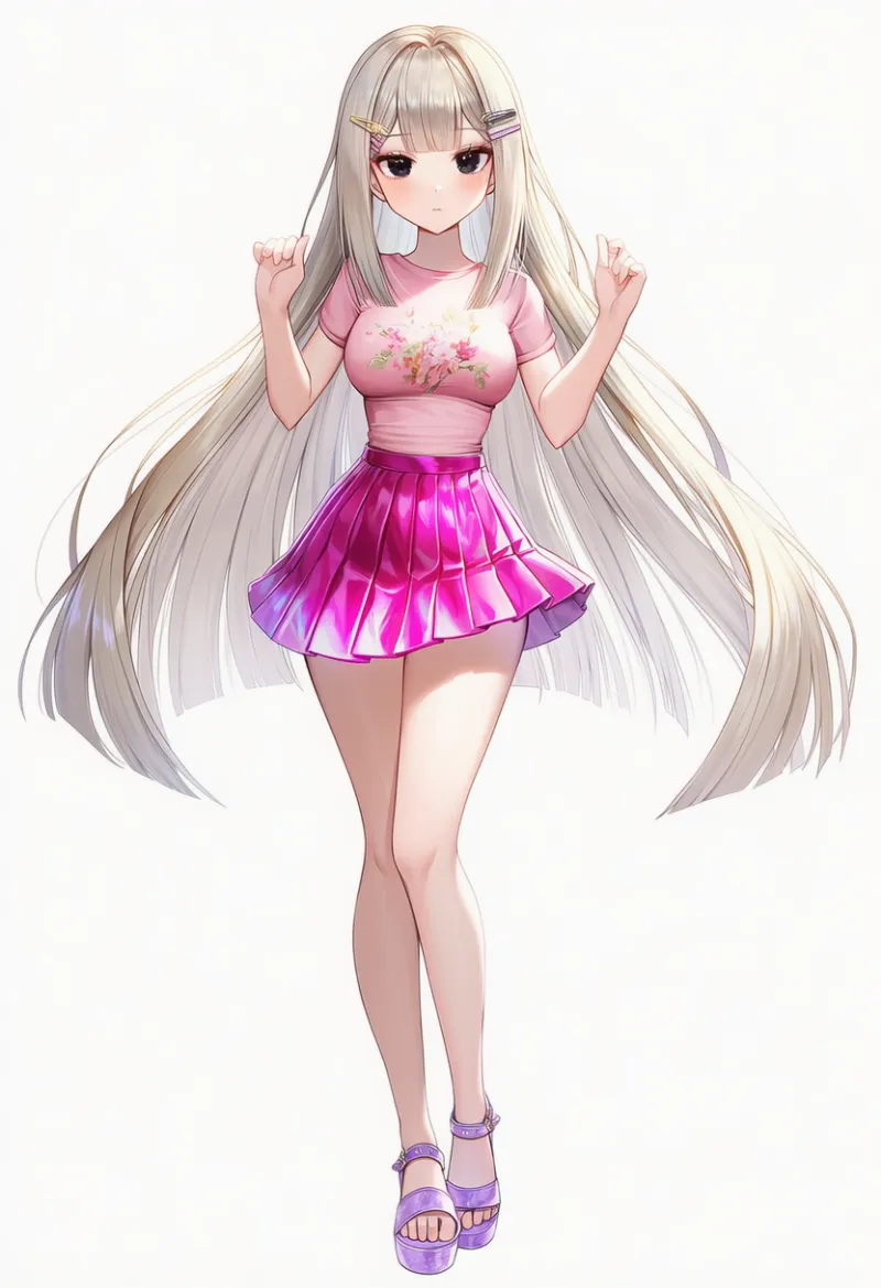 NovelAI生成|ちびTシャツ×光沢ミニスカートのY2KポップコーデのAIイラスト(K-POPファッション)|プロンプト紹介用