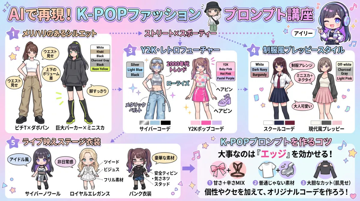 K-POPファッション・衣装のプロンプト集のまとめ用の図解イラスト(グラレコ)
