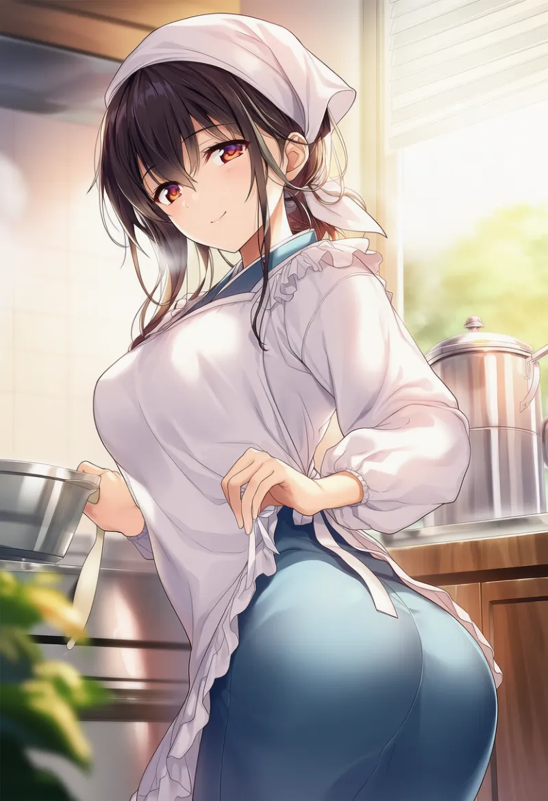 割烹着を着た主婦のAIイラスト｜プロンプト紹介：housewife, kappougi