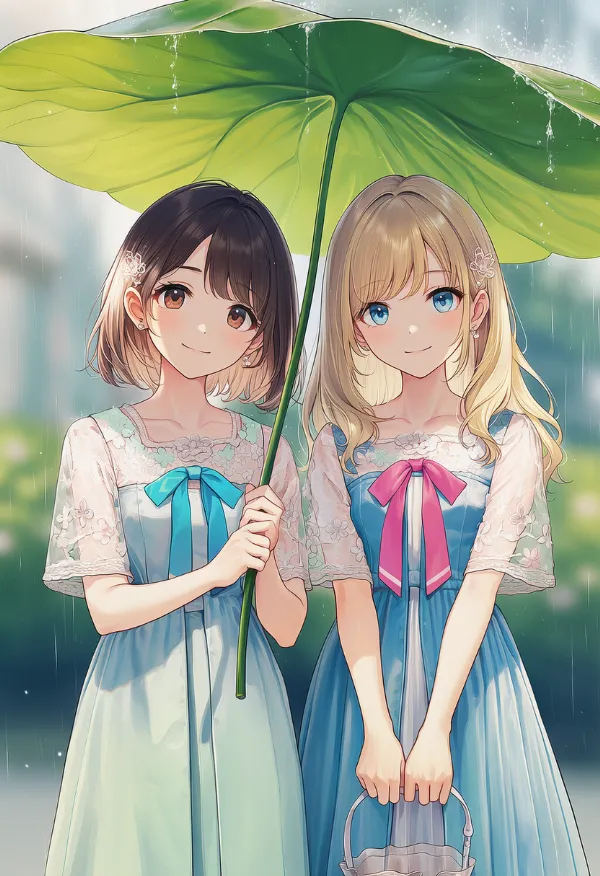 葉っぱの傘のAIイラスト（梅雨シーズン）