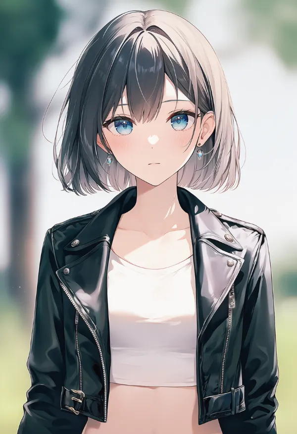 レザージャケット＋クロップドシャツの組み合わせのAIイラスト｜プロンプト紹介