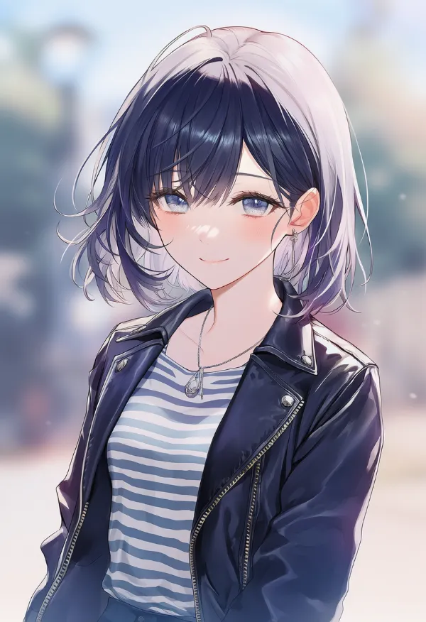 レザージャケット＋ストライプシャツの組み合わせのAIイラスト｜プロンプト紹介